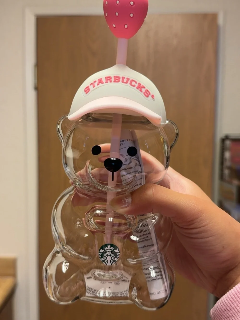 Starbucks Clear Bear Kids Cup with Pink-White Cap and Strawberry Top Straw